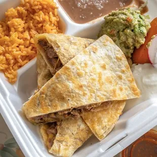 Carne Asada Quesadilla plate with rice and beans and chips