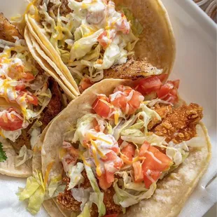 Fish tacos - two grilled and one fried fish - yum!