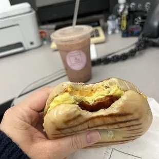 bacon egg and cheese bagel and tiramisu latte