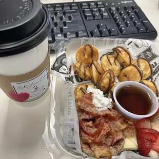 Mini pancakes with protein and fruit on the side