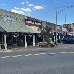 Downtown strip with restaurant and shops