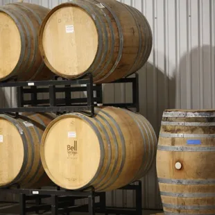 barrels stacked on a rack