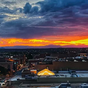 a colorful sunset over a city