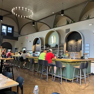 a view of the bar and dining area