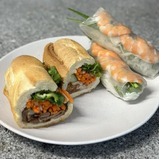 BBQ Pork Banh Mi (L), Saigon Special Banh Mi (M) &amp; Shrimp and Pork Summer Roll (R)