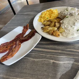 Biscuits &amp; Gravy special and Side of bacon