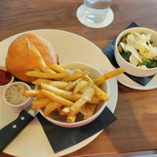 Hamburger, truffle fries, and brussel sprouts