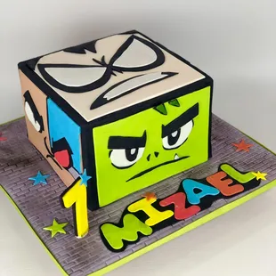 a cake made to look like an angry cube
