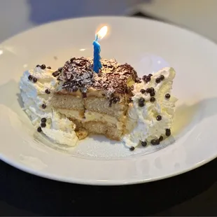 a piece of cake with a lit candle