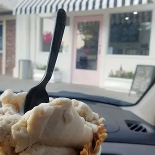 Salted brown sugar goat's milk with a waffle cone