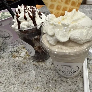 Banana Nutella shake and frog tracks brownie sundae