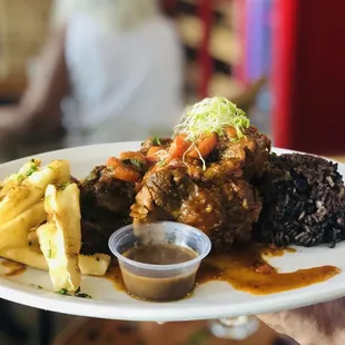 Cuban Oxtail Stew with Moro rice and Fried Yuca