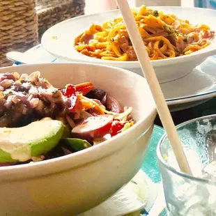 Caribbean Guava Salad with Grilled Churrasco. Marinara Pasta con Camarones al Ajillo