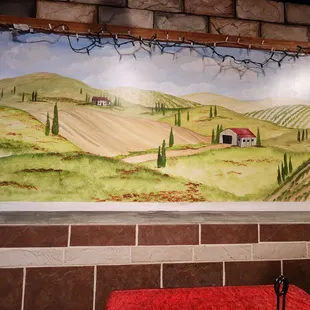 a painting of a farm