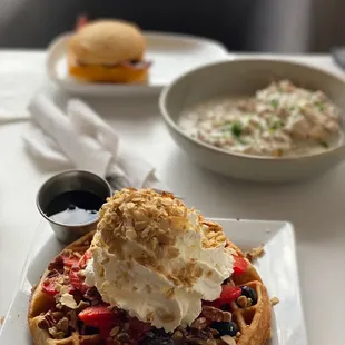 Original waffle, biscuits and gravy, breakfast sandwich