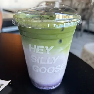 LAVENDER FIELDS Matcha latte with house-made blueberry compote and lavender syrup
