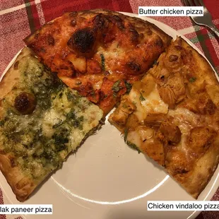 pizzas - palak paneer, butter chicken, chicken vindaloo