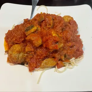 Spaghetti Special with Sausage, Mushrooms, Meatballs