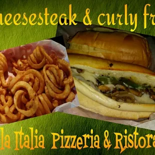 Delicious cheese steak and curly fries.