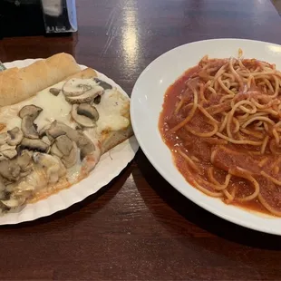 Sicilian slice with mushrooms. Spaghetti in marinara with bread and butter.