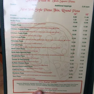 a menu for a new york pizza