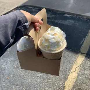 Nitro cold brew, caramel coffee frappe, 2 orange dreamsicle