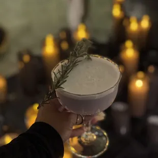 a person holding a cocktail glass with a sprig of rosemary