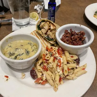 Tortilla Chicken Wrap with pasta salad skip the artichoke spread!