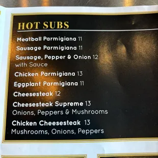 Hot subs menu