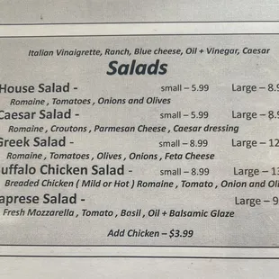 Salad menu