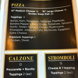 Pizza, calzone, and Stromboli menu