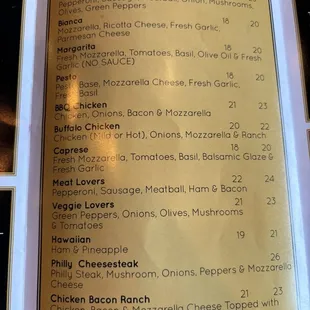 Specialty pizza menu