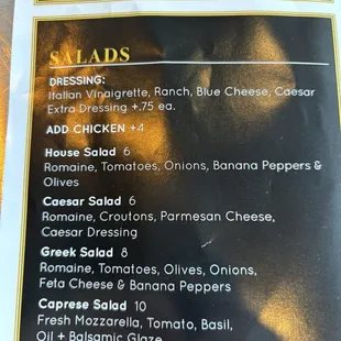 Salad menu