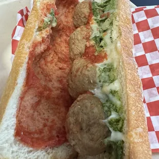 Meatball sandwich - around $15 before tip (in 2024)