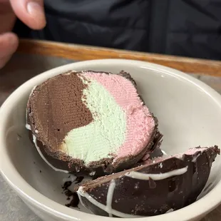 Spumoni dipped in chocolate