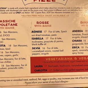 Pizza menu