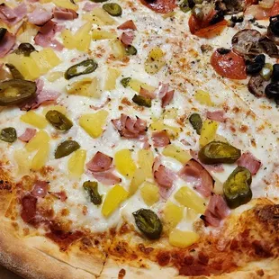 XL pizza: half Hawaiian + jalepenos, half Works April 2023. This plus 10 count wings total = $45. Delicious