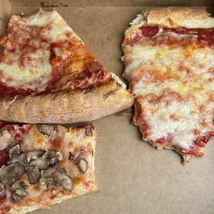 Plain cheese pizza and mushroom pizza slices (cut up)