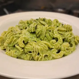 Radiatore pasta over pesto alfredo sauce!