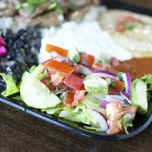 Plate - Choose a protein, served with rice, black beans, pita, 8 oz greens, and your choice of 2 dressings and 2 condiments.