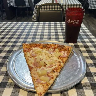 Canadian bacon and pineapple slice with drink. $9.88