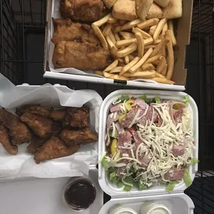 Cod Fish Dinner, 8 PC wings, Antipasto Salad