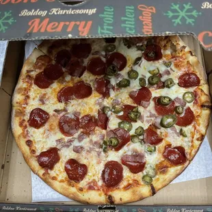 14' Pepperoni pizza, half jalapeños yummy