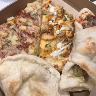 Calzone, Hawaiian pizza, buffalo chicken pizza