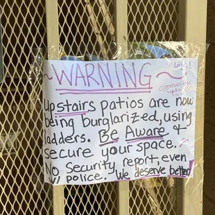 Signs to warn residents of new safety concern, management promptly removed.