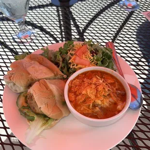 Club sandwich, fiesta soup, garden salad