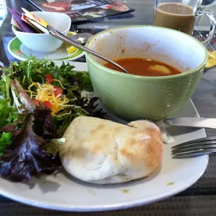 Delicious lasagna soup with salad and beer rock