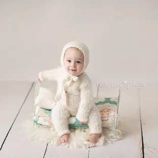 Sitter boy (6 months old) simple classic setup vintage quilt, prop bed, and cream