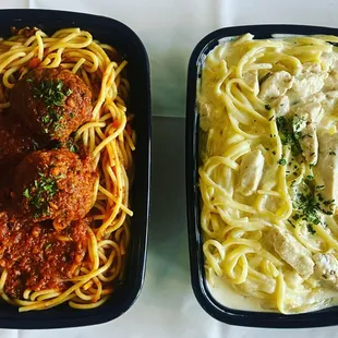 Chicken Alfredo and spaghetti with meatballs