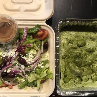 Greek salad (LHS), Gnocchi w/pesto sauce (RHS)